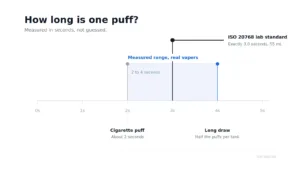 Vape puff duration in seconds compared with the 3 second ISO 20768 lab standard